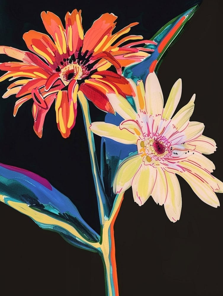 Neon Flowers On Black Gerbera Daisy 1