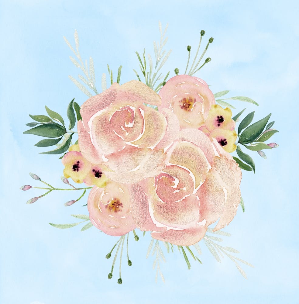 Pink Roses on Blue Watercolor Painting