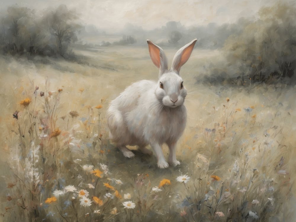 White Rabbit in the Countryside Painting | Country Print in Neutral Tones | Landscape Kitchen Art | Pale Cream Meadow With Wildflowers in the Mist