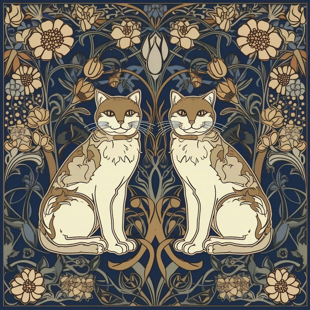 William Morris Classic  Inspired  Cats Blue And Brown Square