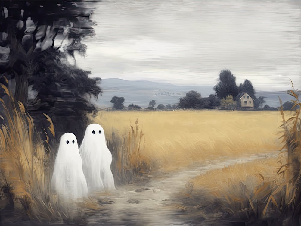 Cute Bedsheet Ghosts In Countryside, Vintage Style, Halloween Spooky