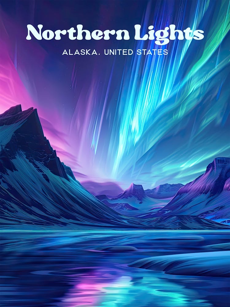 Northern Lights Alaska Aurora Borealis Travel Illustration