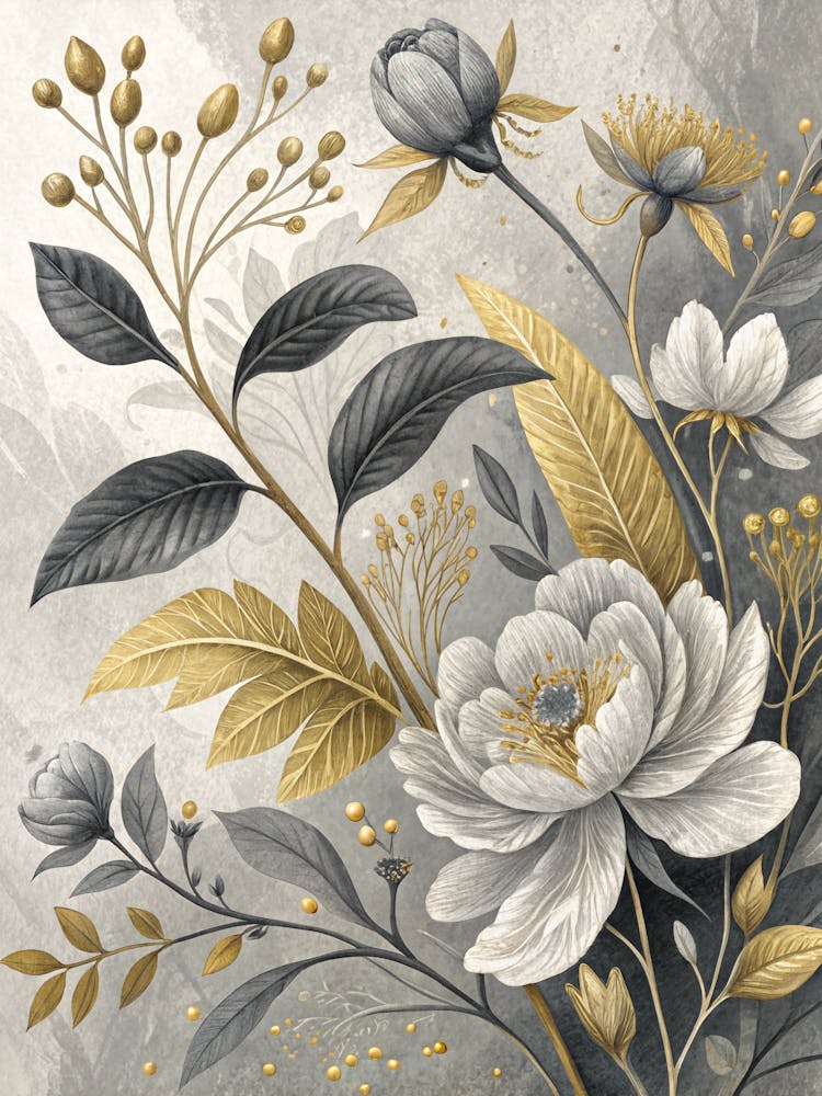 Oil Painting Style Grayscale Botanical Print