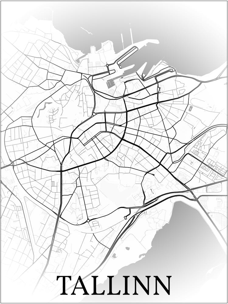 Tallinn, Estonia, City Map, Black And White Fade Design