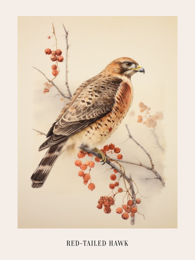 Vintage Bird Drawing Red Tailed Hawk 3 Poster