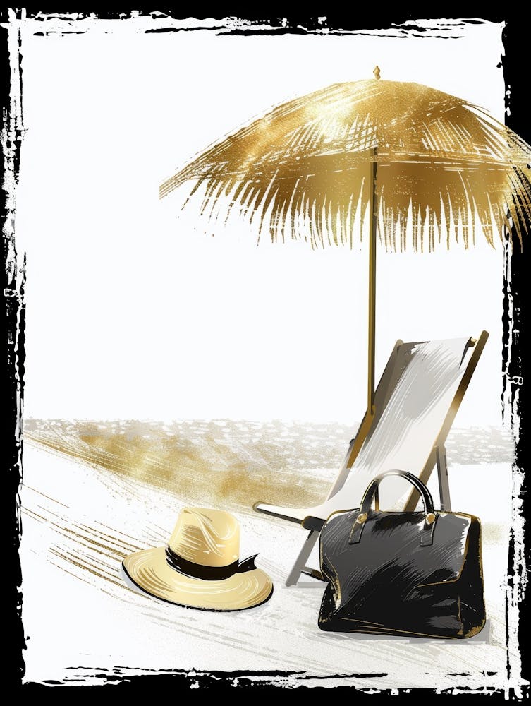 Hat, Umbrella And Bag On The Beach