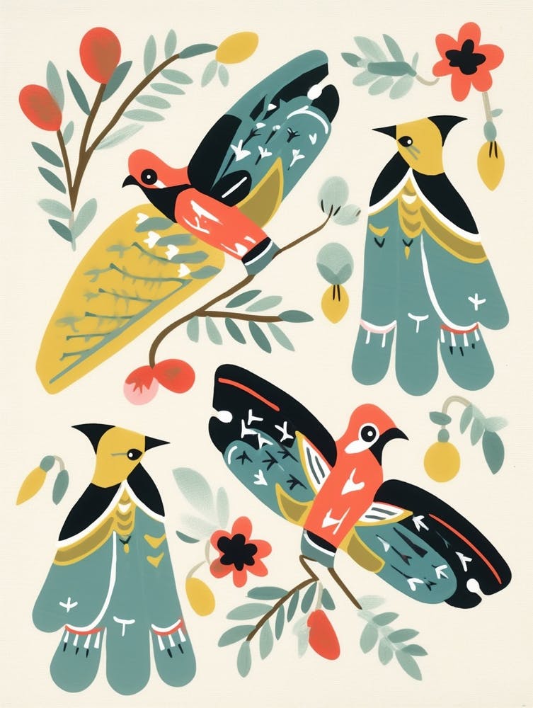 Vogelgemälde im Folk-Stil Zedernseidenschwanz 1