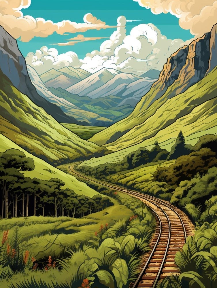 Greenstone And Caples Tracks New Zealand 2 Vintage Travel Illustration