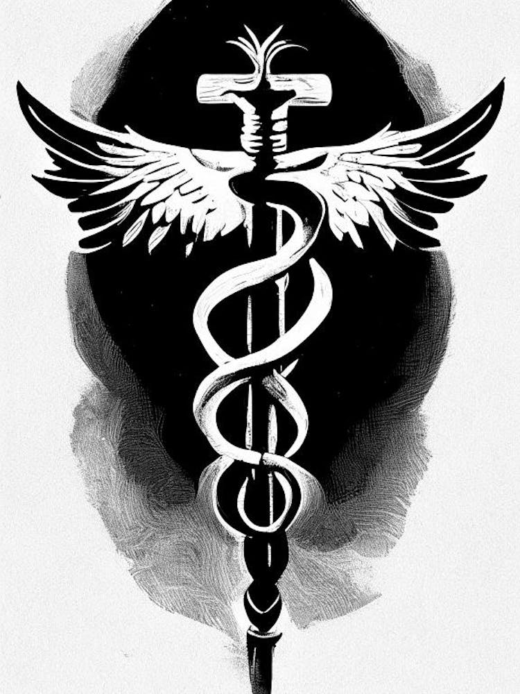 Caduceus Symbol 1 Black And White Painting