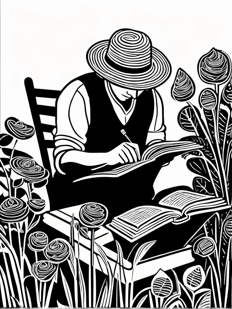 Lino cut Inspired black and white Reading In the Garden Art, Garden Girl Art, Gardening reading, 259