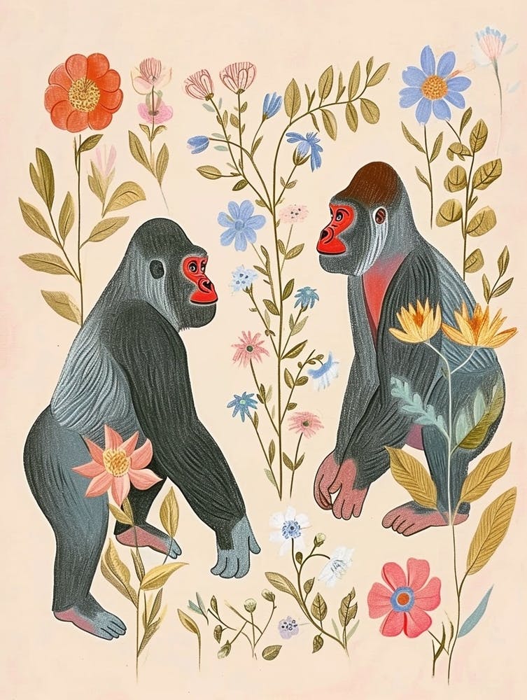Folksy Floral Animal Drawing Gorilla 6