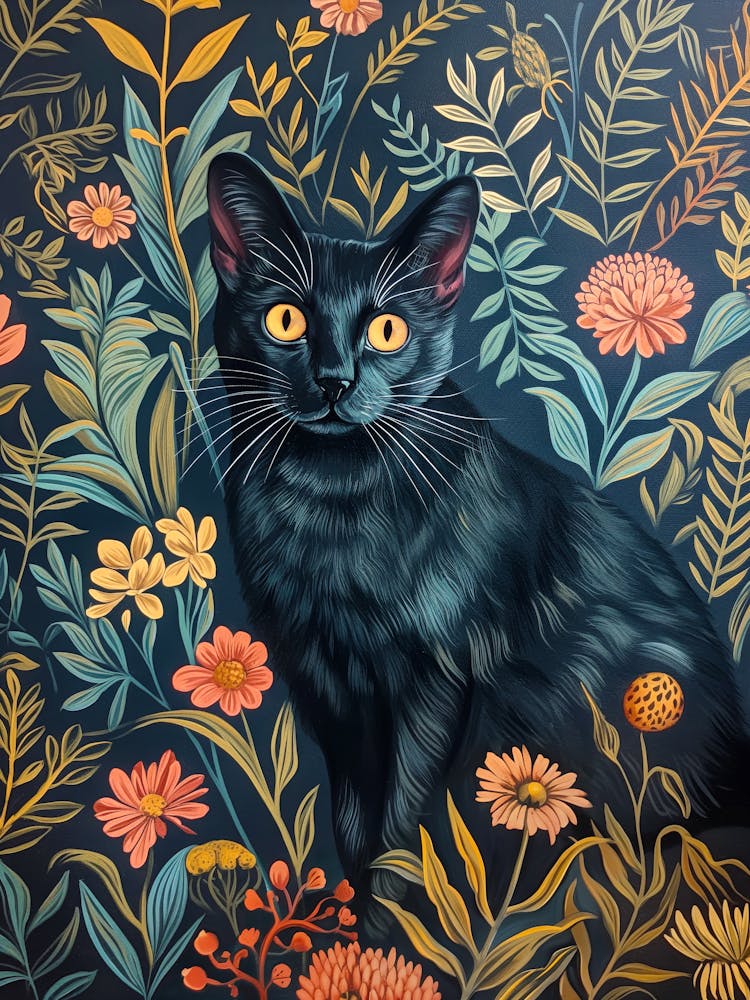 William Morris 19th century style vintage Black Cat In Flowers Painting