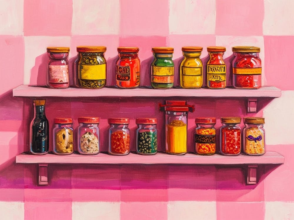 Spices On A Shelf Pink Checkerboard 