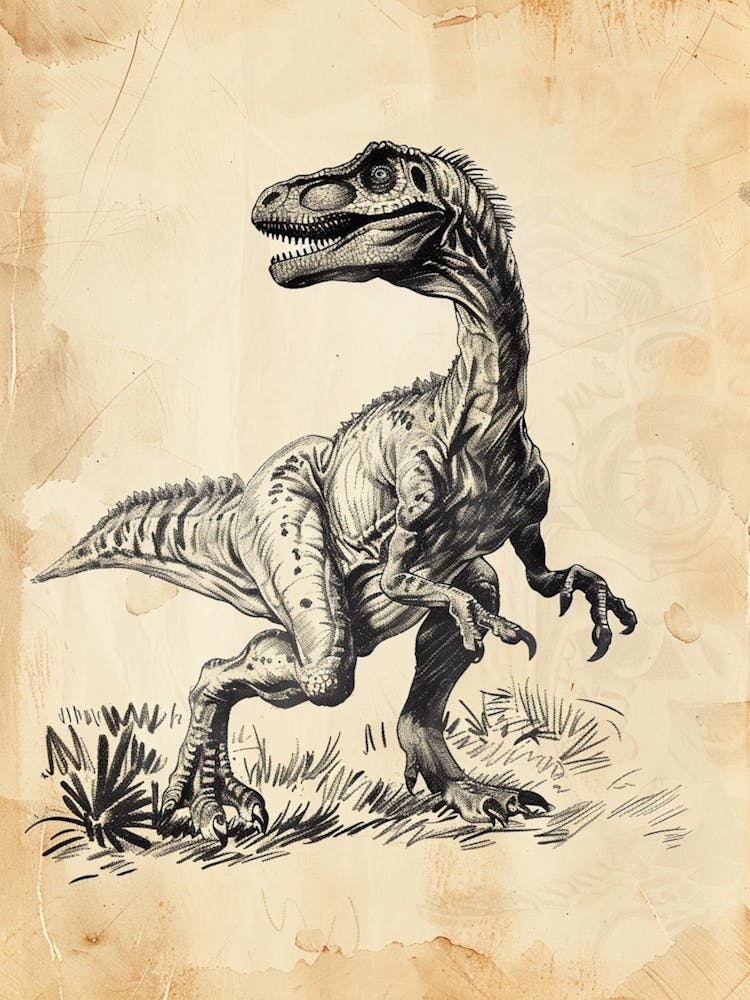 Vintage Oviraptor Dinosaur Sepia Illustration