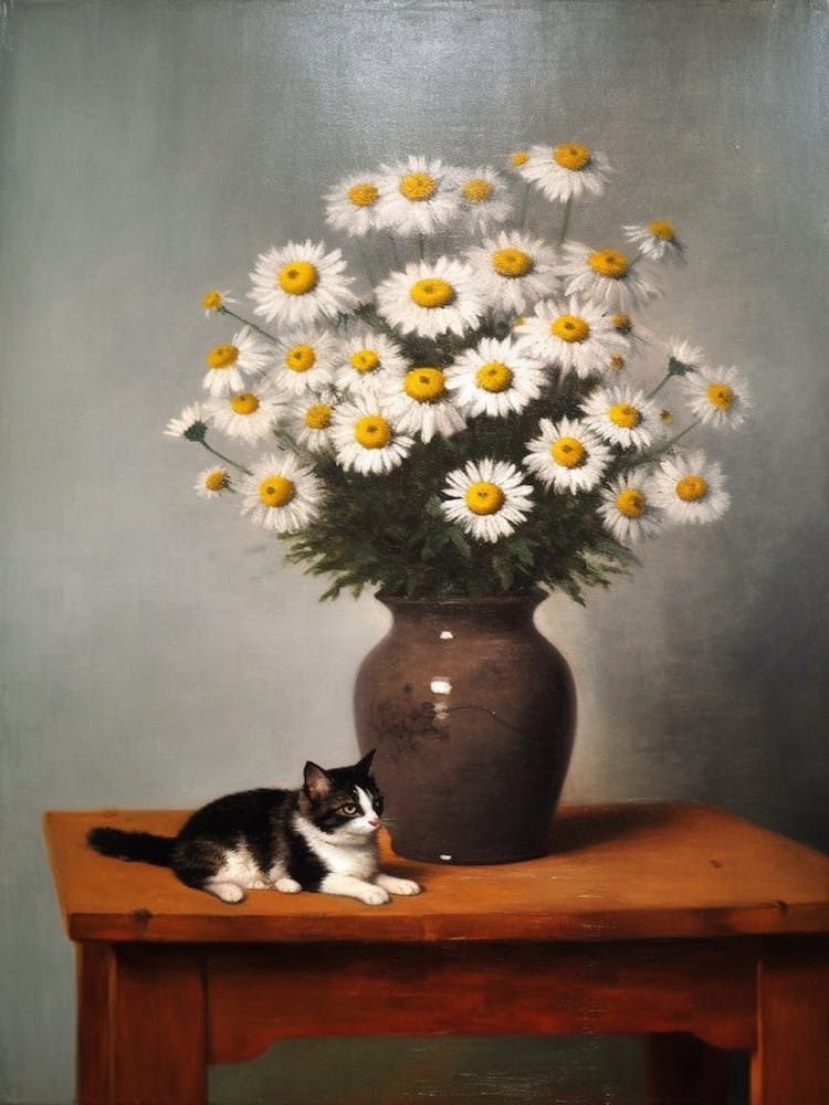 Painting Of A Still Life Of A Daisies With A Cat, Realism 2