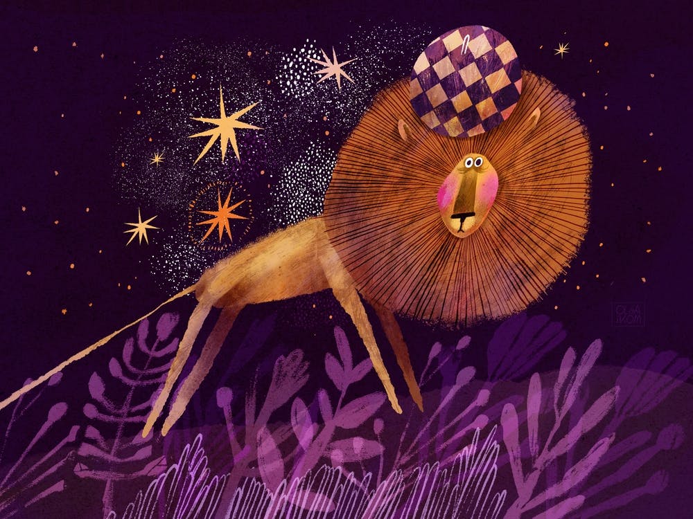 Cute lion in the night forest