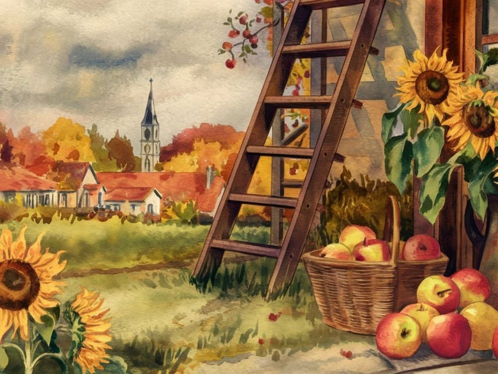 Autumn Orchard Village - Apple Harvest & Sunflowers Landscape