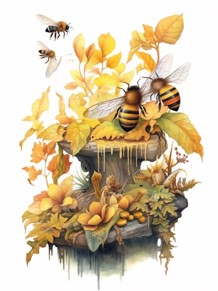 Western Miner Bee Beehive Watercolour Illustration 3