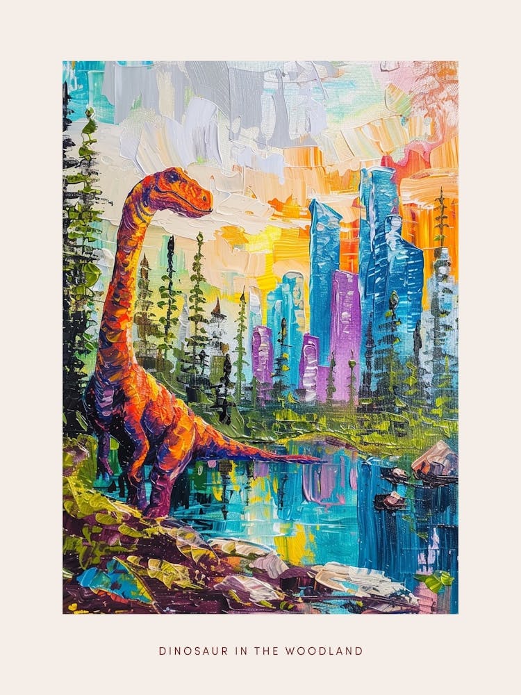 Colourful Dinosaur In A Woodland Painting Poster