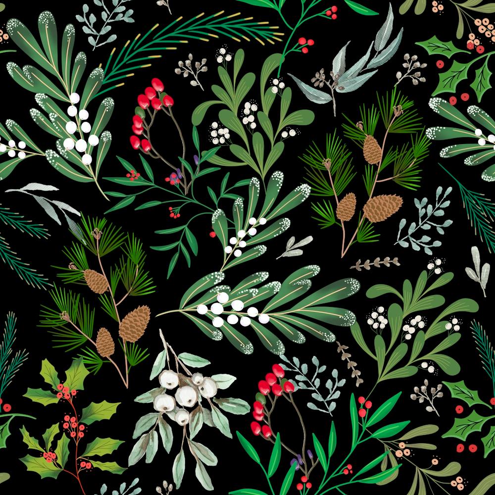Christmas Botanical Leaves - Greens Black