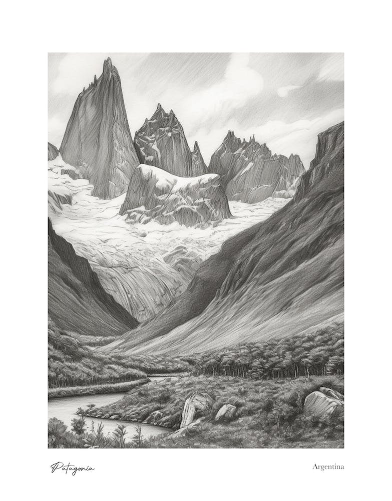 Patagonia Argentina Pencil Sketch 7 Watercolour Travel Poster