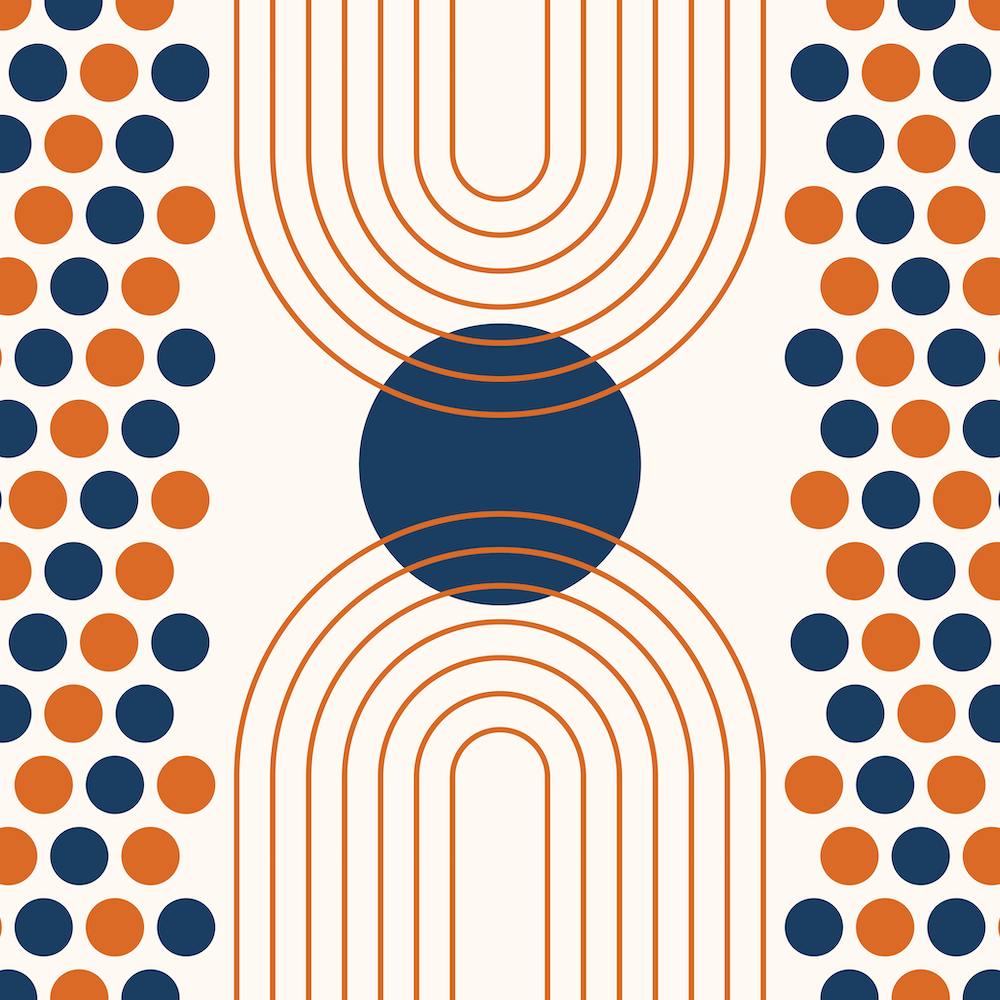 Mid Century Modern Geometric Abstract Rainbow, Sun in Navy Blue and Burnt Orange