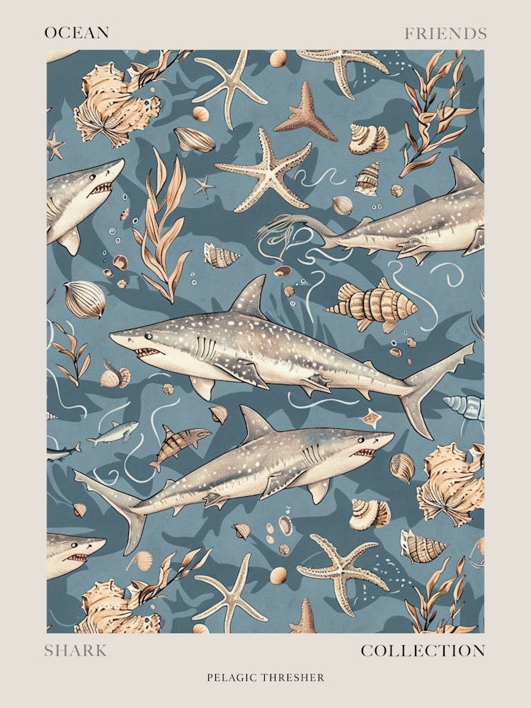 Pastel Blue Pelagic Thresher Watercolour Seascape Pattern 2 Poster
