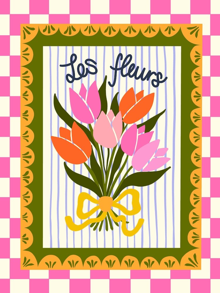 Les Fleurs Pink and Red Tulips Bouquet Vintage Inspired Illustration