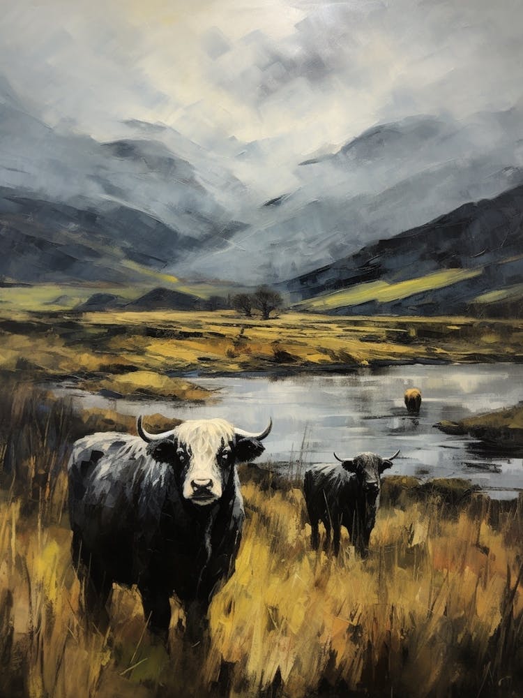 Cloudy Impressionism Style Painting Of Highland Cattle