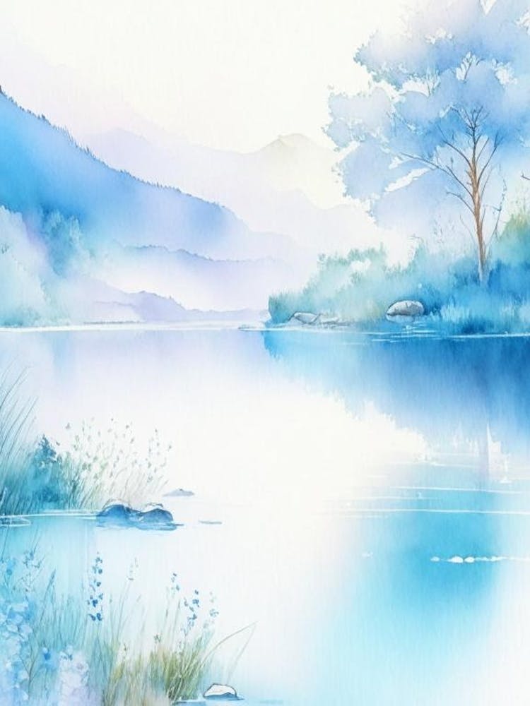 Crystal Clear Blue Lake Landscapes Waterscape Gouache 2