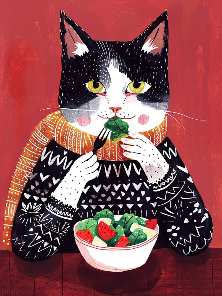Black And White Cat Eating Salad Folk Illustration 5