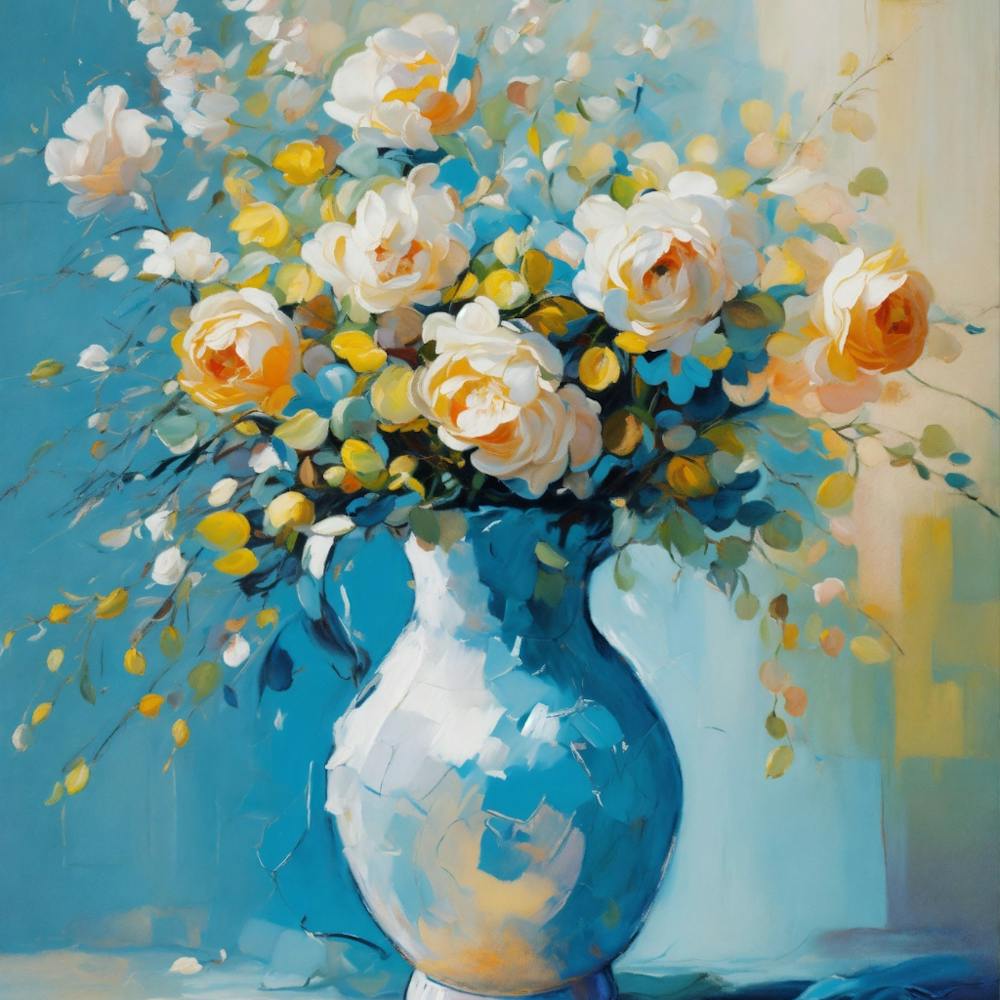 Abstract Impressionistic Oil Painting Of Beautiful Still Life, Pastel Background, Blue, White