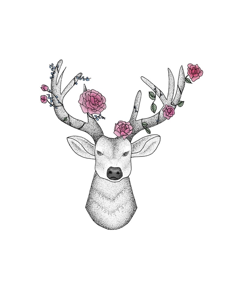 Dotwork Stag With Peonies