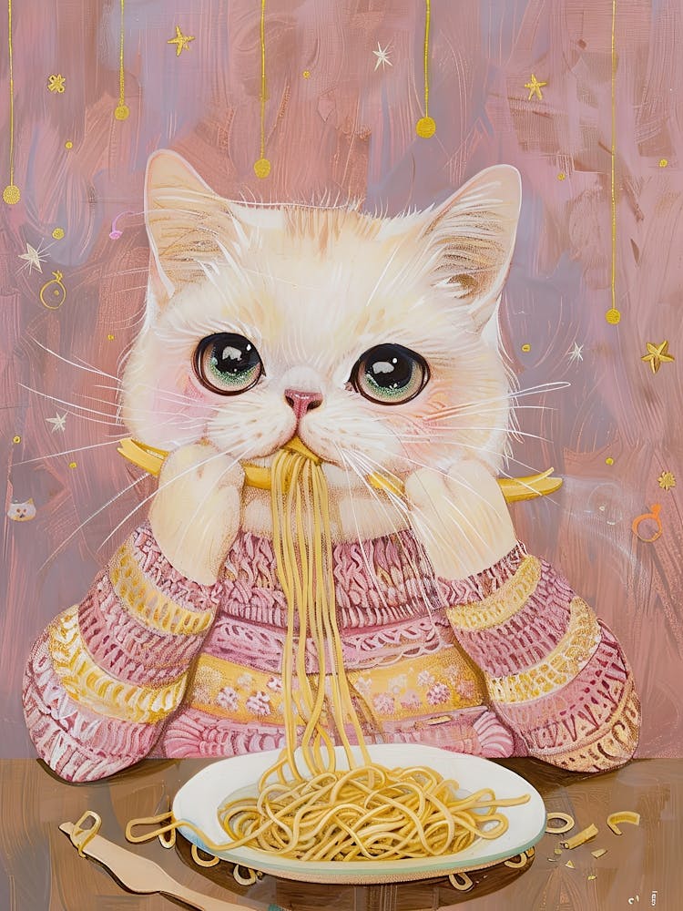White And Tan Cat Pasta Lover Folk Illustration 2
