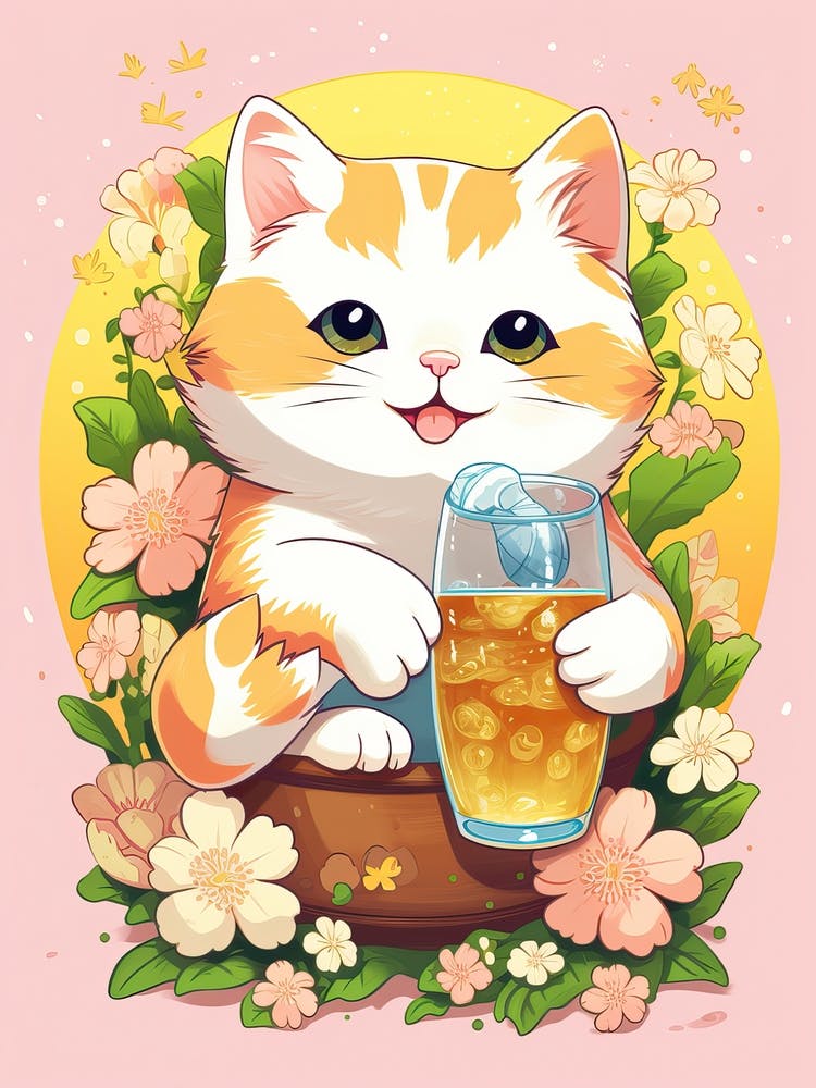 Kawaii Cat Drawings Drinking Tea 4