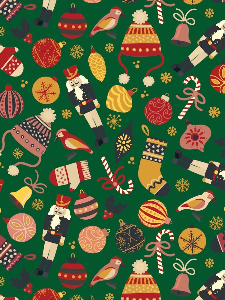 Scattered Christmas Toys, Ornaments, and Treats Red Yellow Green