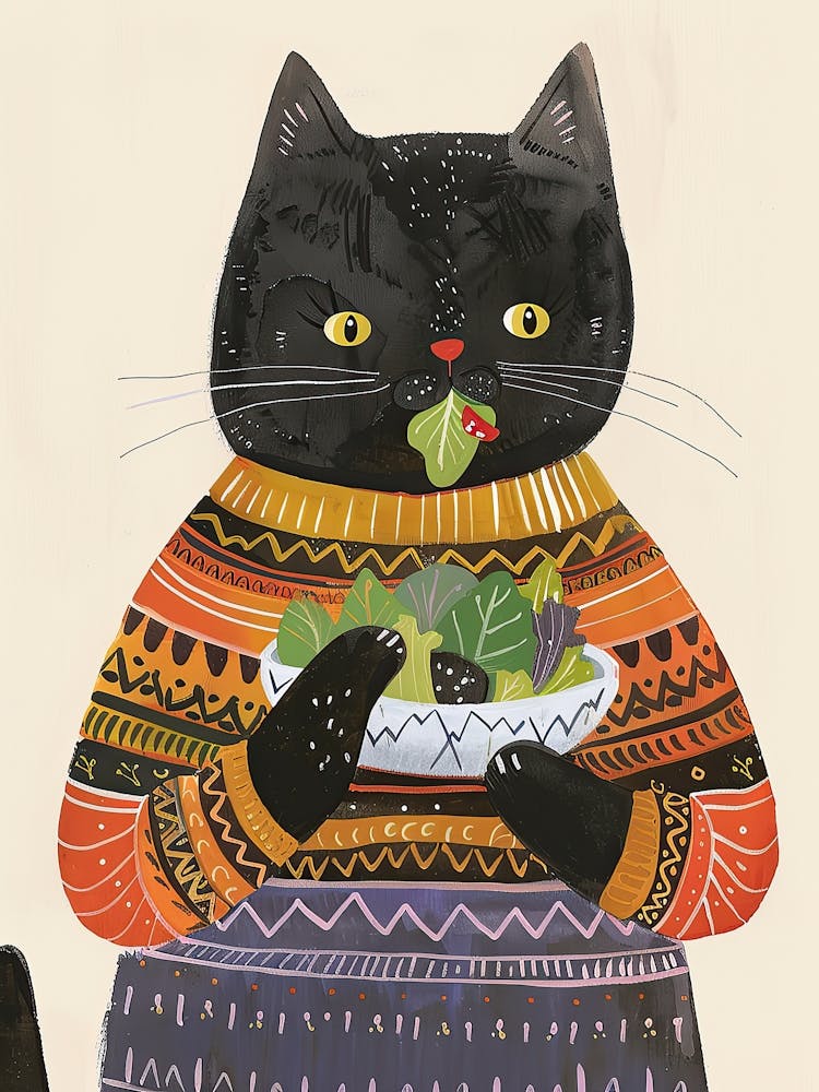 Black Cat Eating Salad Folk Illustration 4