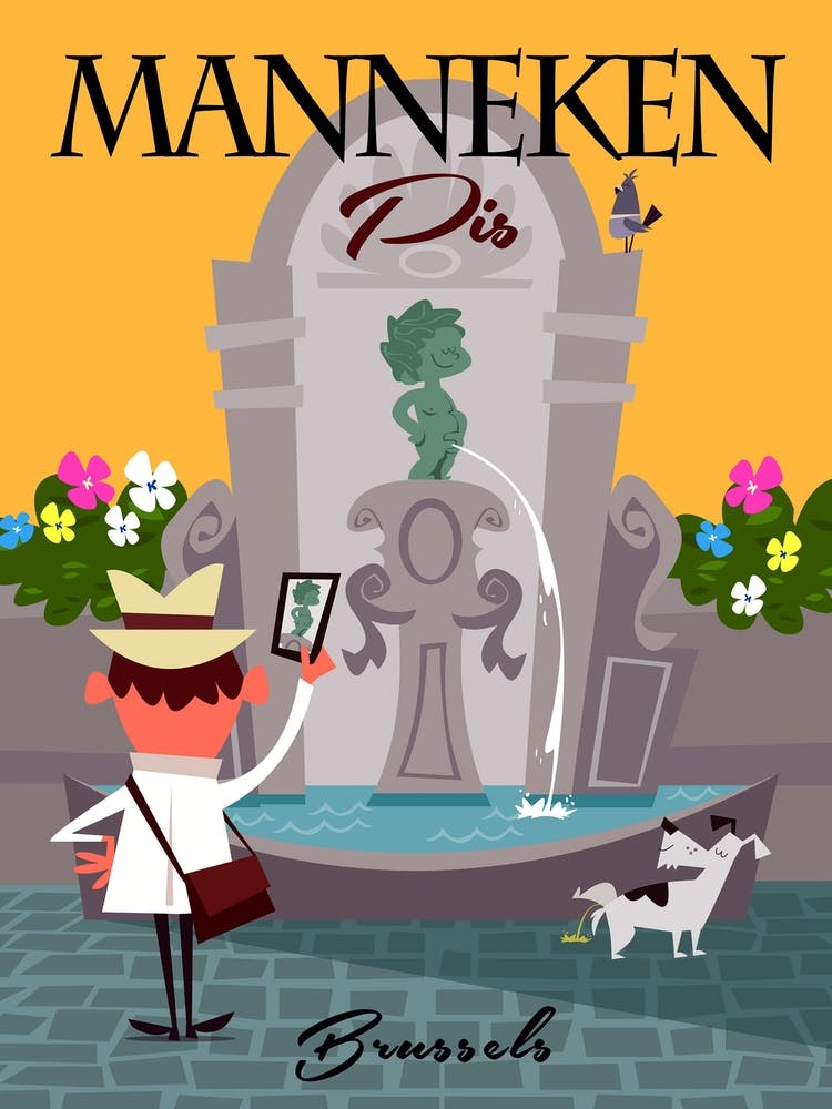 Manneken Pis Brussels Poster Grey & Yellow