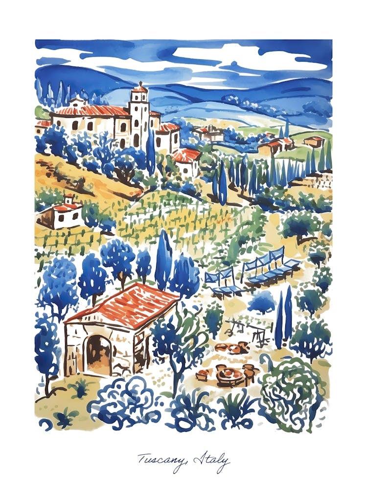 Tuscany Illustration Line Art Italy Travel Blue
