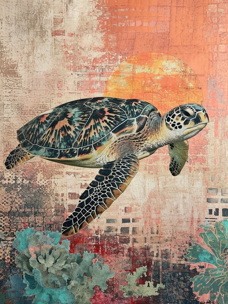 Orange Screen Print Inspired Sea Turtle