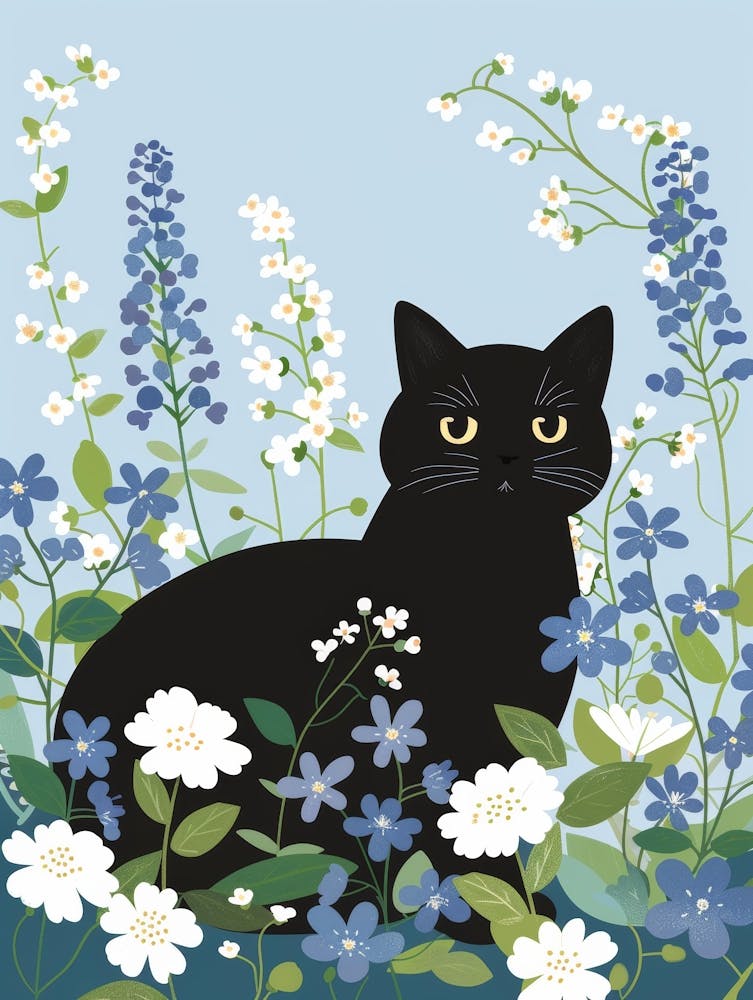 Black Cat In Blue Flowers 2