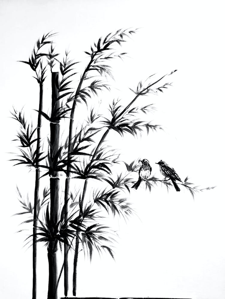 black and white art bamboo tree and bird