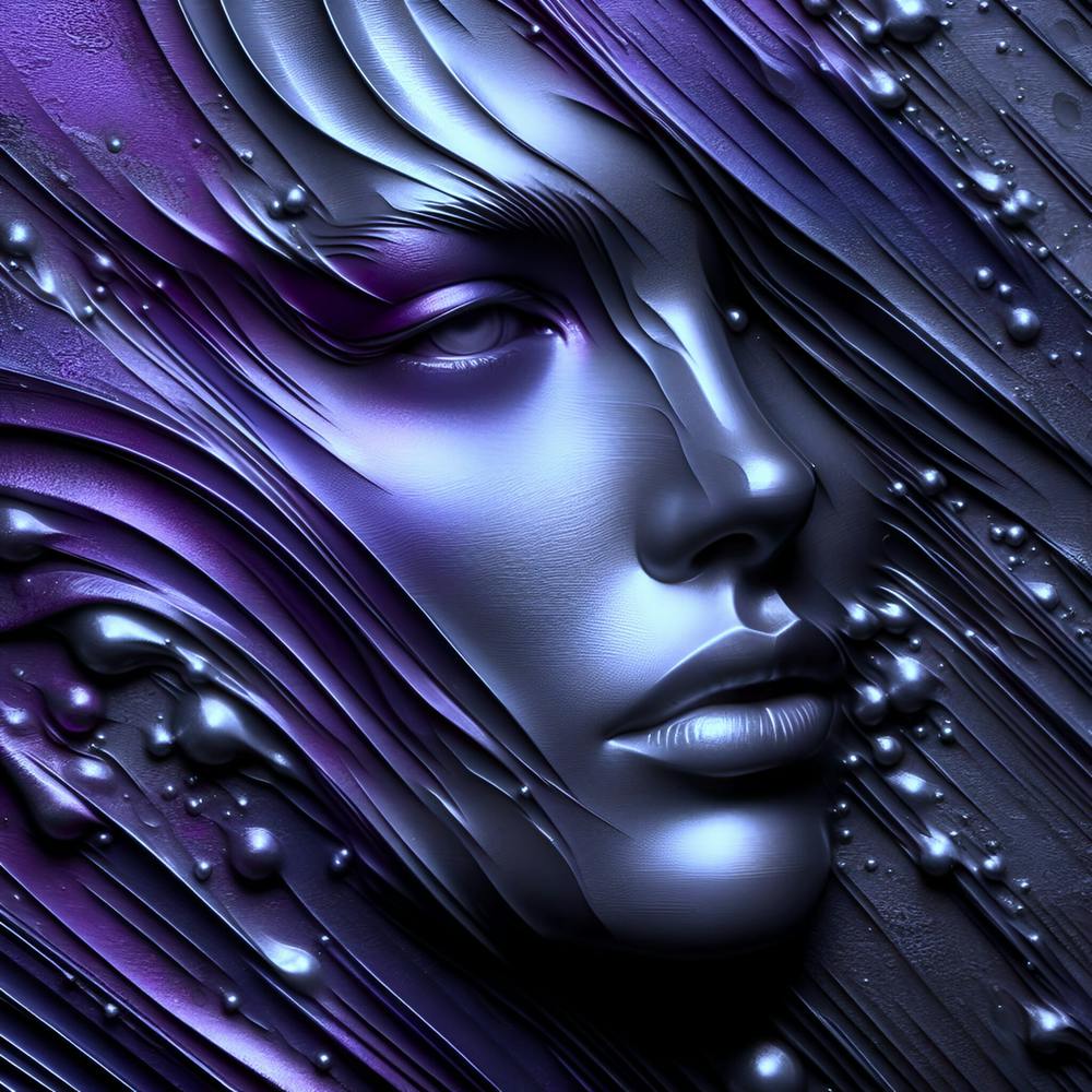 Portrait Of A Beautiful Woman's Face - An Embossed And Textured Abstract Artwork In Silver, And Deep Purple Liquid Metal Mercury Effect In Flow.