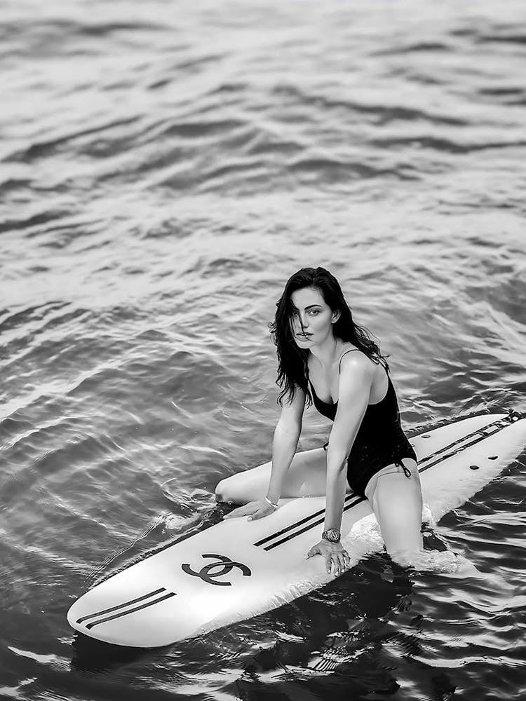 Woman On Surfboard Black And White