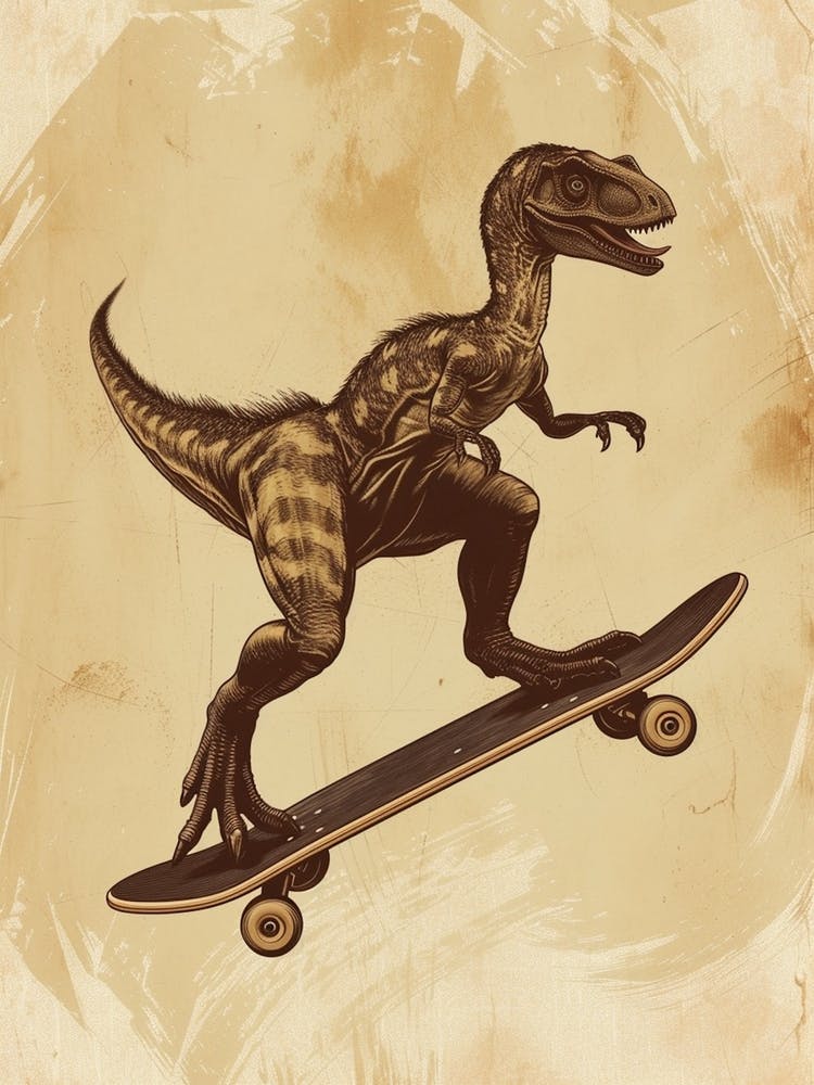 Vintage Microraptor Dinosaur On A Skateboard   1