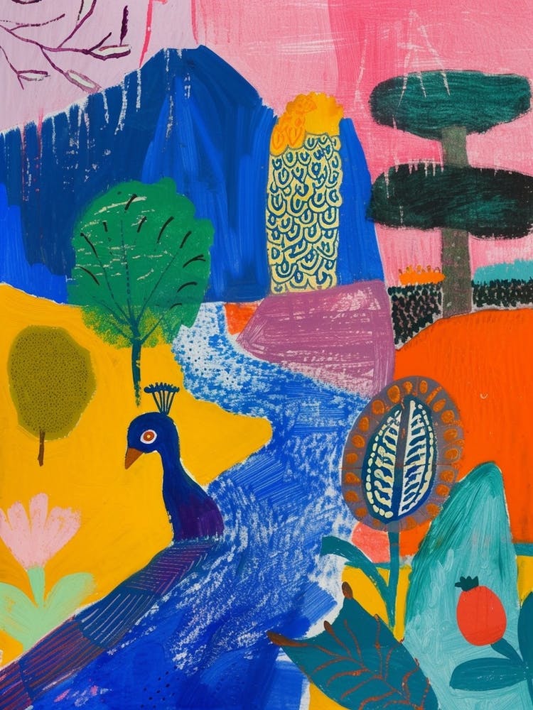 Peacock By The River Colourful Painting 2