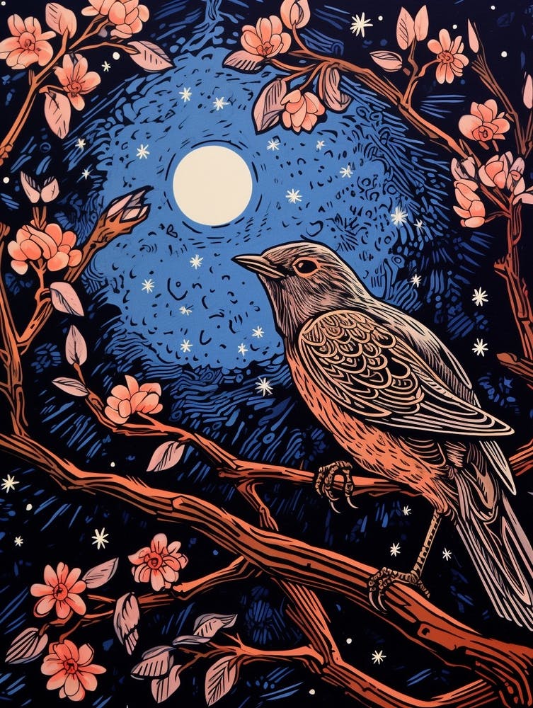 Birds And Branches Linocut Style 6