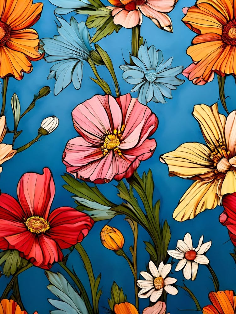 Colorful Flowers On Blue Background