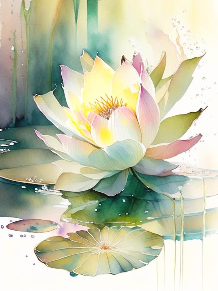 Blooming Lotus Flower In Pond Storybook Watercolour 6