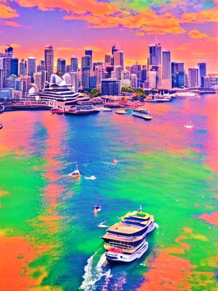 Sydney Harbour Australia Retro Risograph Print harbour